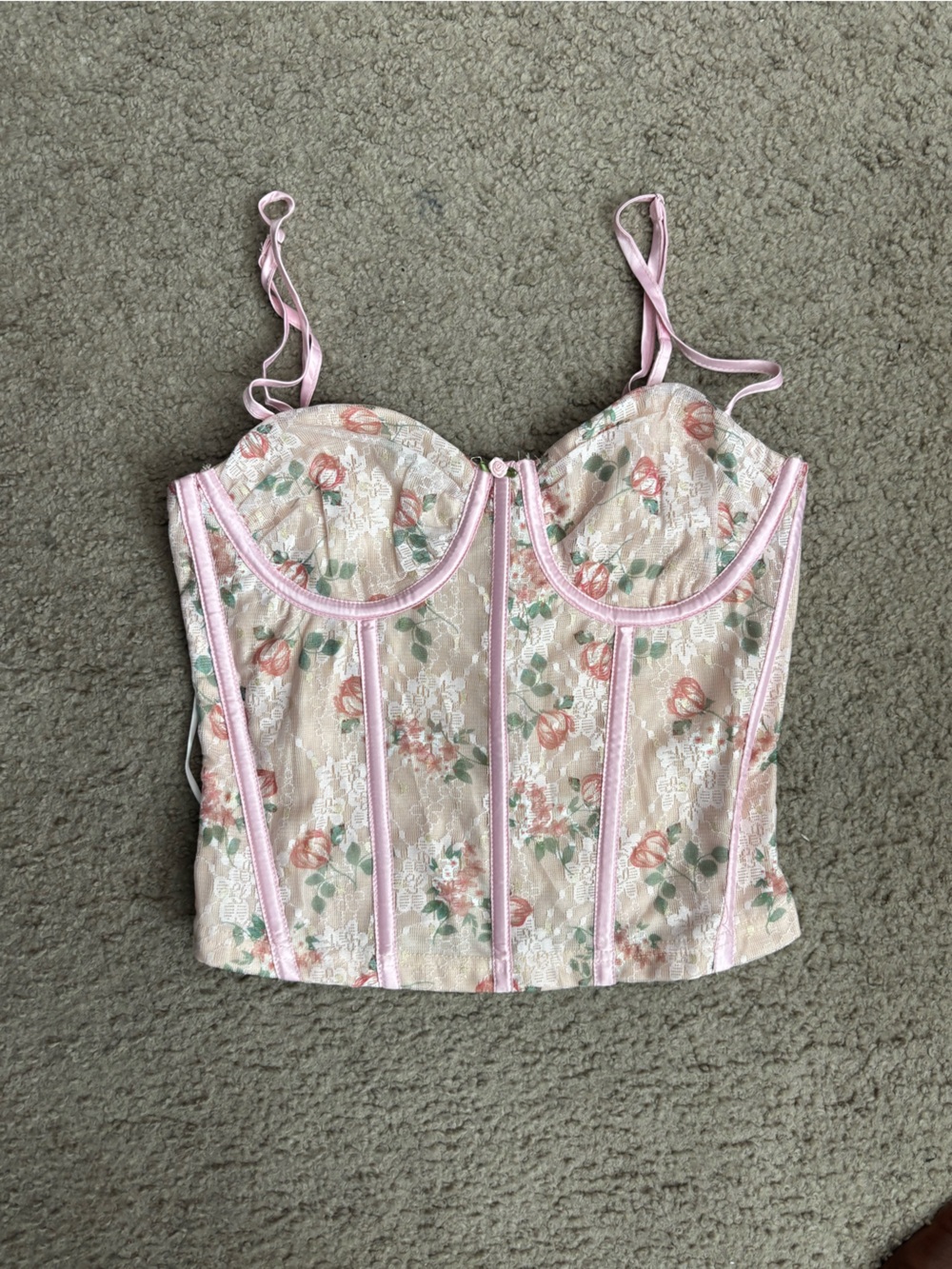 Floral Lace Corset Top with Pink Trim